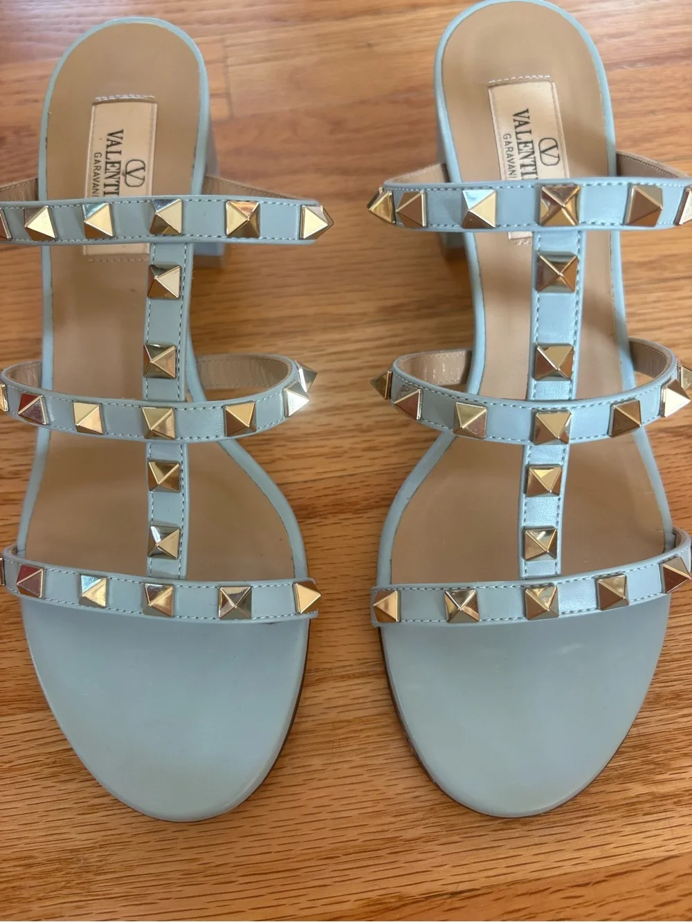 Valentino Garavani Rockstud Block Heel sandals in light blue
